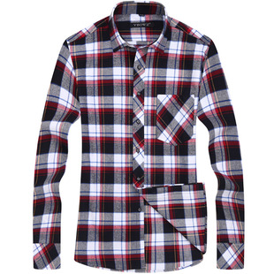 春款季法兰绒男士衬衫长袖免烫纯棉加厚磨毛料休闲格子男士衬衣