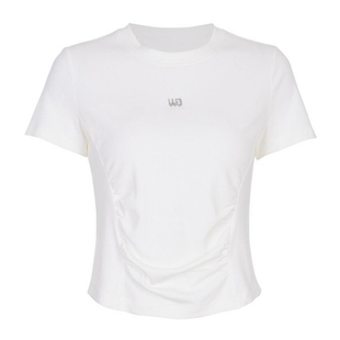 婉甸2025夏季新品月光白坑条短袖T恤圆领抽褶短袖1242T03SXA