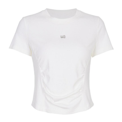 婉甸2025夏季新品月光白坑条短袖T恤圆领抽褶短袖1242T03SXA