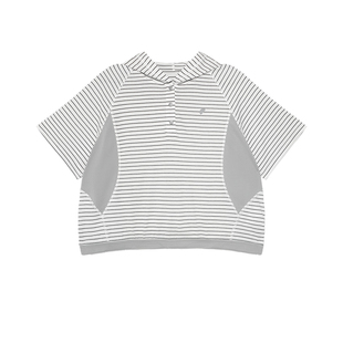 半圆原创女装[运动]2025夏季两色连帽条纹polo领短袖t恤女上衣