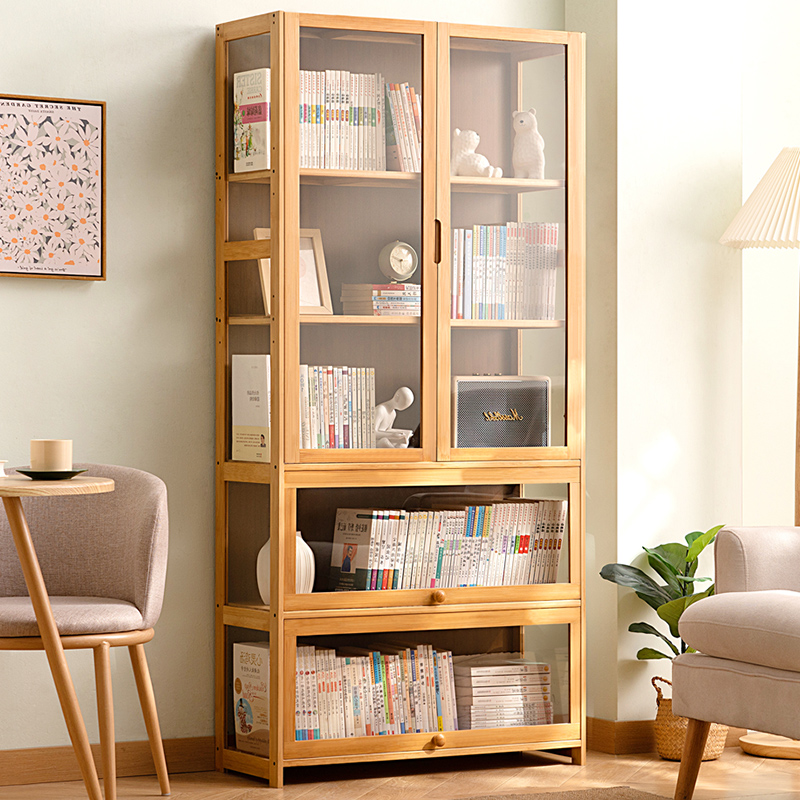 书柜现代简约带门防尘格子柜实木书架窄柜置物组合落地立柜储物柜