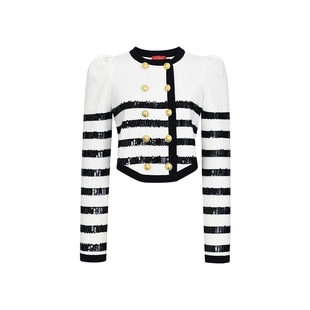 【明星同款】lefame拉飞姆俏皮宫廷风黑白撞色条纹针织开衫