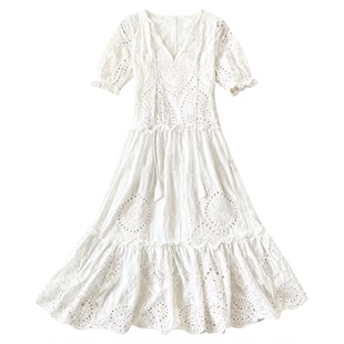 Floral Maxi Cotton Dress Women 2022 Summer休闲甜美V领连衣裙