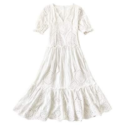 Floral Maxi Cotton Dress Women 2022 Summer休闲甜美V领连衣裙