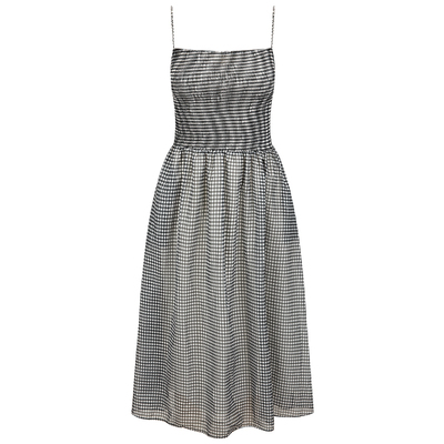 黑白格纹打揽收腰吊带连衣裙