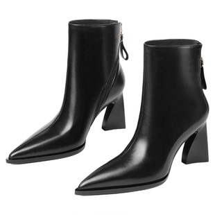 【Lily An x 轻奢手工】尖头粗跟真皮短靴女冬季加绒高跟时装靴子