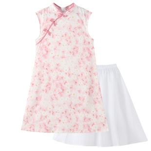 安奈儿童装女童新中式短袖裙子套装2026夏新款清雅旗袍裙子中长款