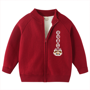 【棉100%】儿童纯棉针织开衫春秋男童女童毛衣外套红色新年服8177