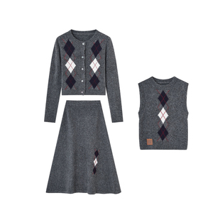 SOMESOWE繁花绒菱格圆领背心/开衫/半身裙