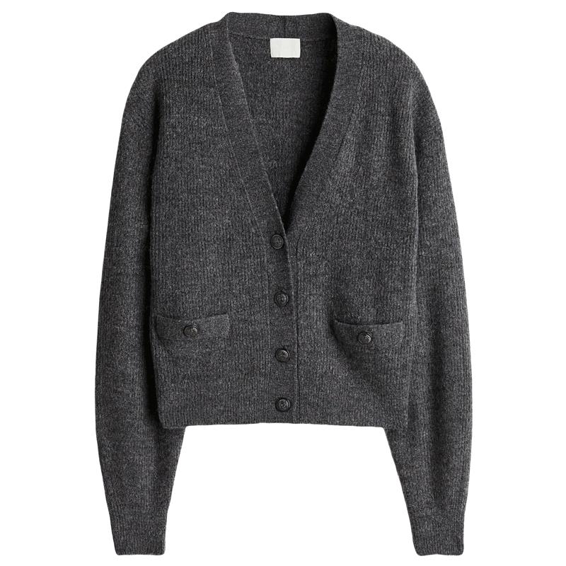 HM女装毛针织衫2024秋冬新款罗纹保暖宽松V领纽扣针织开衫1254963