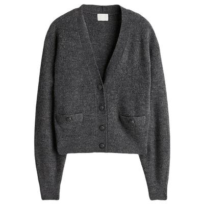 HM女装毛针织衫秋冬季罗纹保暖开衫宽松V领纽扣气质上衣1254963