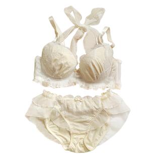 日系大罩杯文胸仙女大尺码内衣套装挂脖大胸奶油黄可爱胸罩CDEFGH