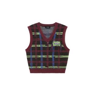 WE11DONE25秋冬男女同款做旧格纹针织背心时尚潮流V领个性