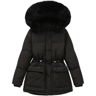 2025年冬季新款中长款大毛领棉袄白色羽绒棉服女韩版长袖棉衣外套