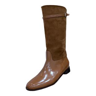 小池在首尔2024秋季新款圆头低跟布绒拼接中筒靴子舒适减龄少女靴