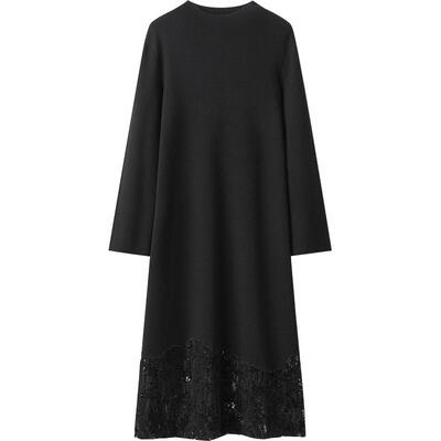 播商场同款高腰圆领连衣裙24冬新款蕾丝拼接A字摆裙子BDR4LD3435