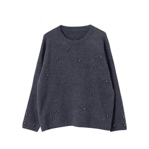 宝诗黎圆领钉珠慵懒毛衣女2026早春简约纯色休闲百搭宽松针织上衣