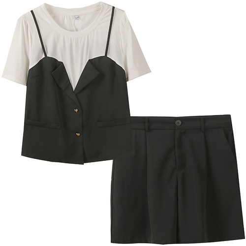 胖仙女莹莹大码女装胖mm夏260斤假两件上衣高腰短裤小个子套装女