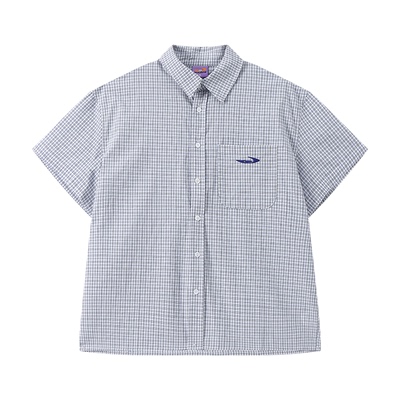 江南先生NewJNXS吸湿透气绣花纯棉舒适格子衬衫蓝色休闲百搭衬衣