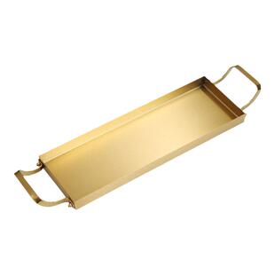 韩式不锈钢烧烤盘双耳金色长方盘窄边盘小吃龙虾盘寿司盘火锅菜盘