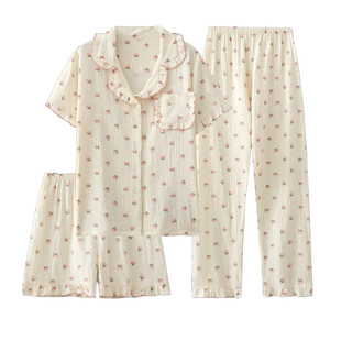 三件套泡泡棉纱睡衣女款夏长裤短袖家居服纯棉双层纱布小碎花甜美