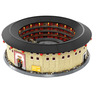 万格中国建筑福建土楼承启楼模型拼装积木小颗粒玩具儿童送礼物