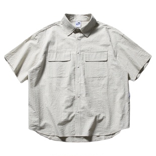 wtmp夏季日系复古纯色双大口袋短袖衬衫男女宽松泡泡纱少年感衬衣