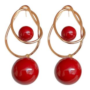 红色圆球耳环2025新款爆款高级感耳钉轻奢气质大气耳坠夸张耳饰女