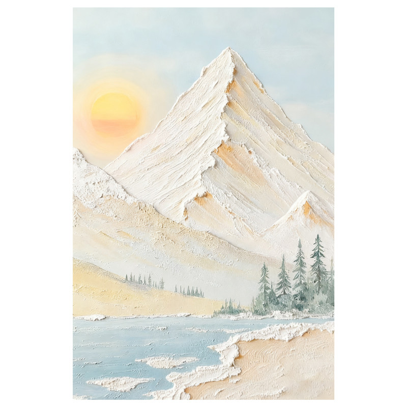 手绘日照金山奶油风背景墙挂画