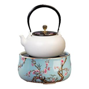 台湾莺歌烧电陶炉茶炉家用轻音煮茶器银壶铁壶烧水炉粉彩梅竹蓝地