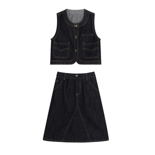 布丁哈鲁童装春装女童洋气2026春夏新款儿童牛仔马甲半身长裙套装