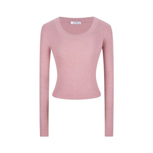 温柔风粉色U领短款上衣长袖针织衫女修身早春装打底衫女内搭毛衣