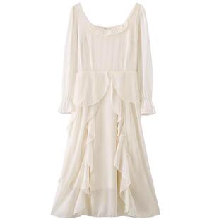 早春夏季2026新款长袖荷叶边连衣裙女小众设计感仙气网纱仙女长裙