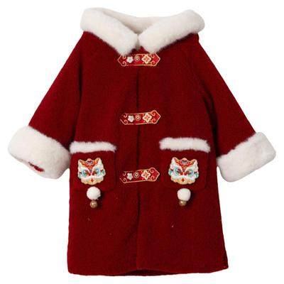 汉服女童冬款儿童保暖中长款连帽毛毛加厚外套女宝国风过年拜年服