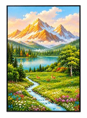 聚水生财雪山双鹿玄关挂画
