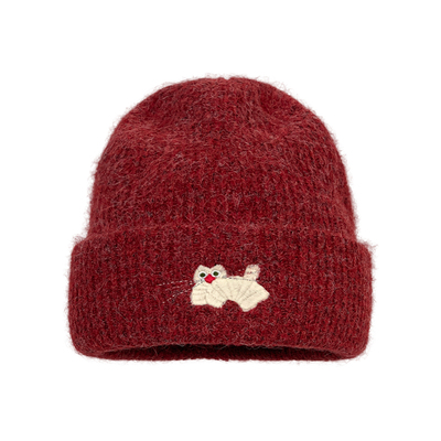 新年红小猫刺绣保暖护耳针织帽