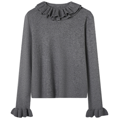 慕兔法式双层花边领长袖针织衫