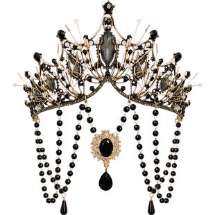 新款女童汉服圣母冠黑色流苏皇冠项链耳环演出走秀影楼摄影头饰