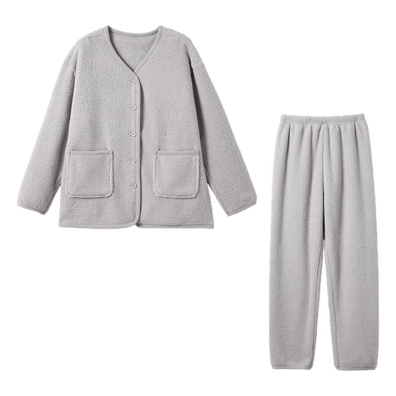 可可（服饰）秋冬纽扣家居服女可外穿绒绒开衫睡衣双面绒保暖套装