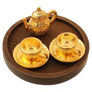 迷你仿真金属小茶壶杯茶具茶盘微缩模型娃娃屋厨房家具过家家摆件
