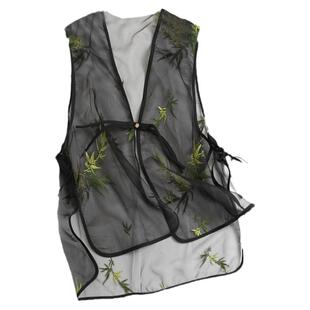 新中式国风纱面绣花网纱马甲女夏季复古宽松薄款气质坎肩马夹D061