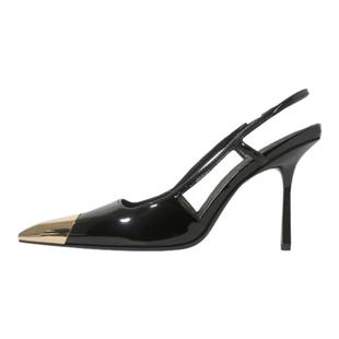 2025新款高跟鞋后空性感黑色漆皮杨树林同款金属方头细跟浅口单鞋