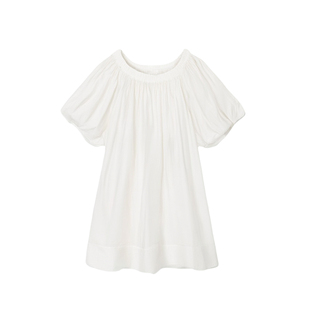 DeesseSicile 米白色丝光亚麻慵懒度假风一字肩泡泡袖A字连衣裙女