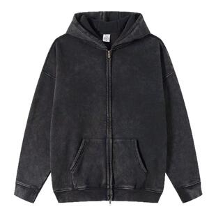 水洗做旧连帽卫衣女春秋美式复古开衫外套设计感小众宽松长袖上衣
