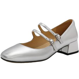 百丽女鞋子新款真皮粗跟高跟鞋单鞋法式银色玛丽珍鞋B6T1DCQ4