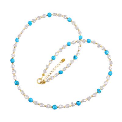 海蒂珠宝 贝加尔湖 3-4mm澳白keshi珍珠松石项链18K金锁骨链 女◇