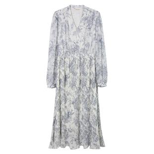 popchrio◆情书~线描碎花复古法式长袖V领连衣裙收腰雪纺裙子女春