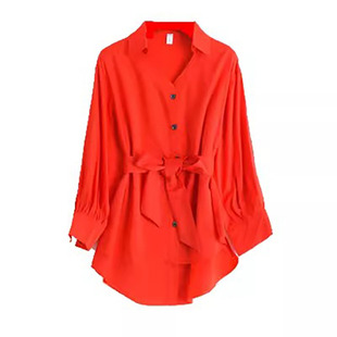 衬衫衬衣女款2025新款爆款减龄漂亮前短后长上衣雪纺红色洋气小衫