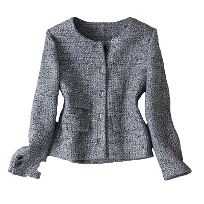 高智风~低调灰夹亮丝花纱编织面料圆领长袖小香风外套女显瘦春季