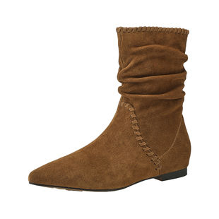 MILLIE'S/妙丽棕色短靴女款新款冬季加绒中筒内增高尖头平底靴子
